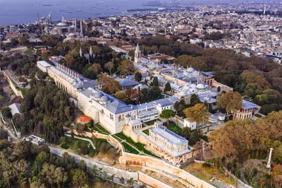 Stunning aerial view of Topkapi Palace, Istanbul's iconic landmark with rich history and architecture.